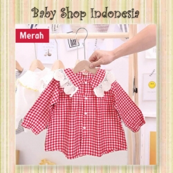 large PK185 Atasan Anak Perempuan Lengan Panjang Baju Tunik Anak Tartan Renda Merah